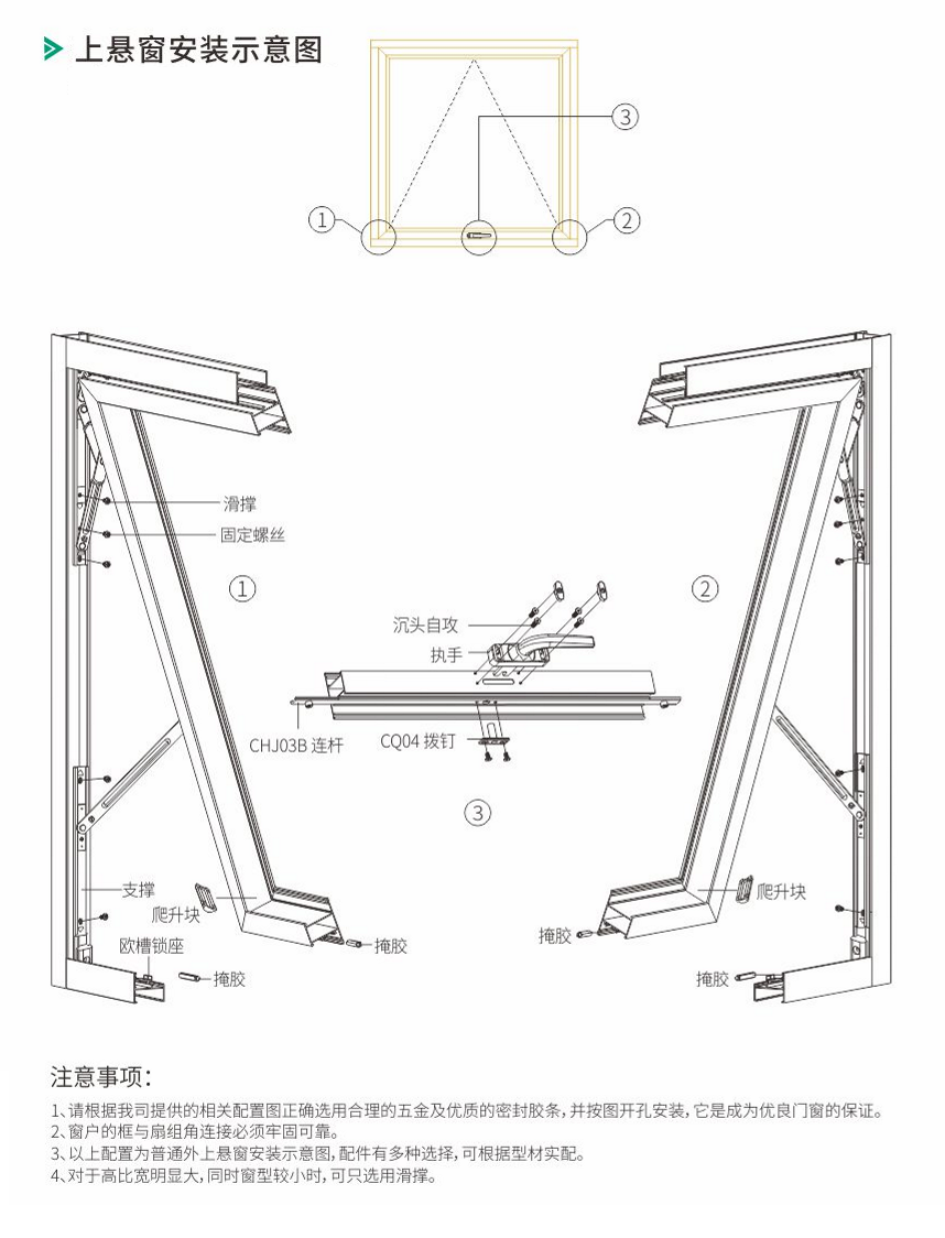 輕型上懸窗五金配件，上懸窗安裝示意圖